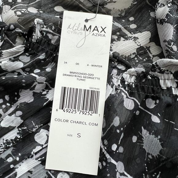 Miley Cyrus Max Azria Tunic Womens Small Black White Drawstring Georgette Sheer - Picture 6 of 16